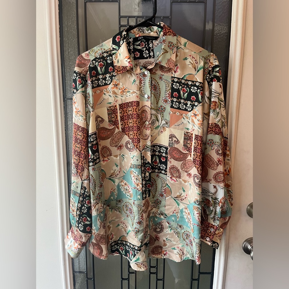 Zara Boho Satin-Like Patchwork Button Down Blouse- Size Medium